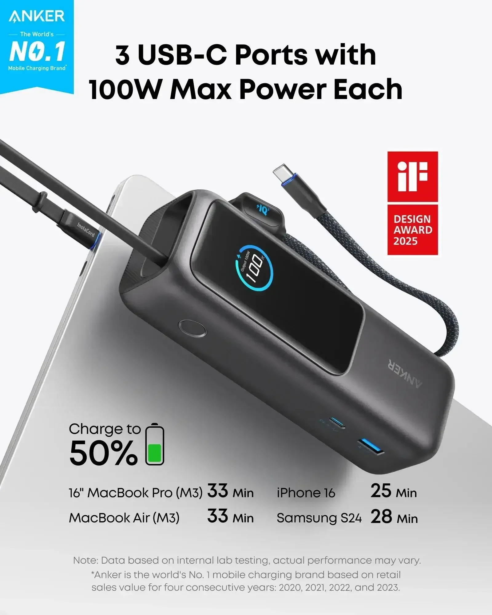 Anker - Laptop Power Bank (25K, 165W, Built-In and Retractable Cables) - Powerbank 25000mAh - Image 3